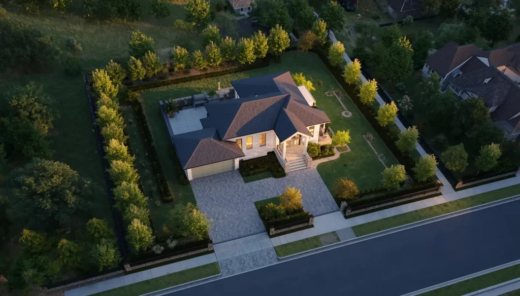 Professional-3D-site-plan-rendering-showing-a-modern-custom-home-from-an-oblique-aerial-view