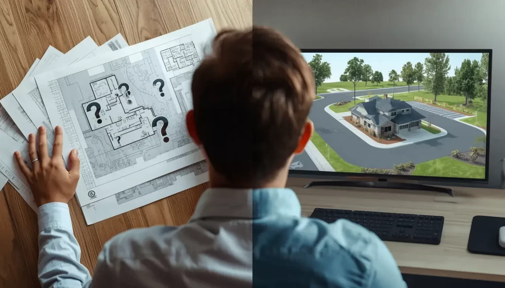 Split-comparison-image-showing-before-and-after-flat-2D-blueprints-other-side-confident-client-viewing-3D-site-map-rendering